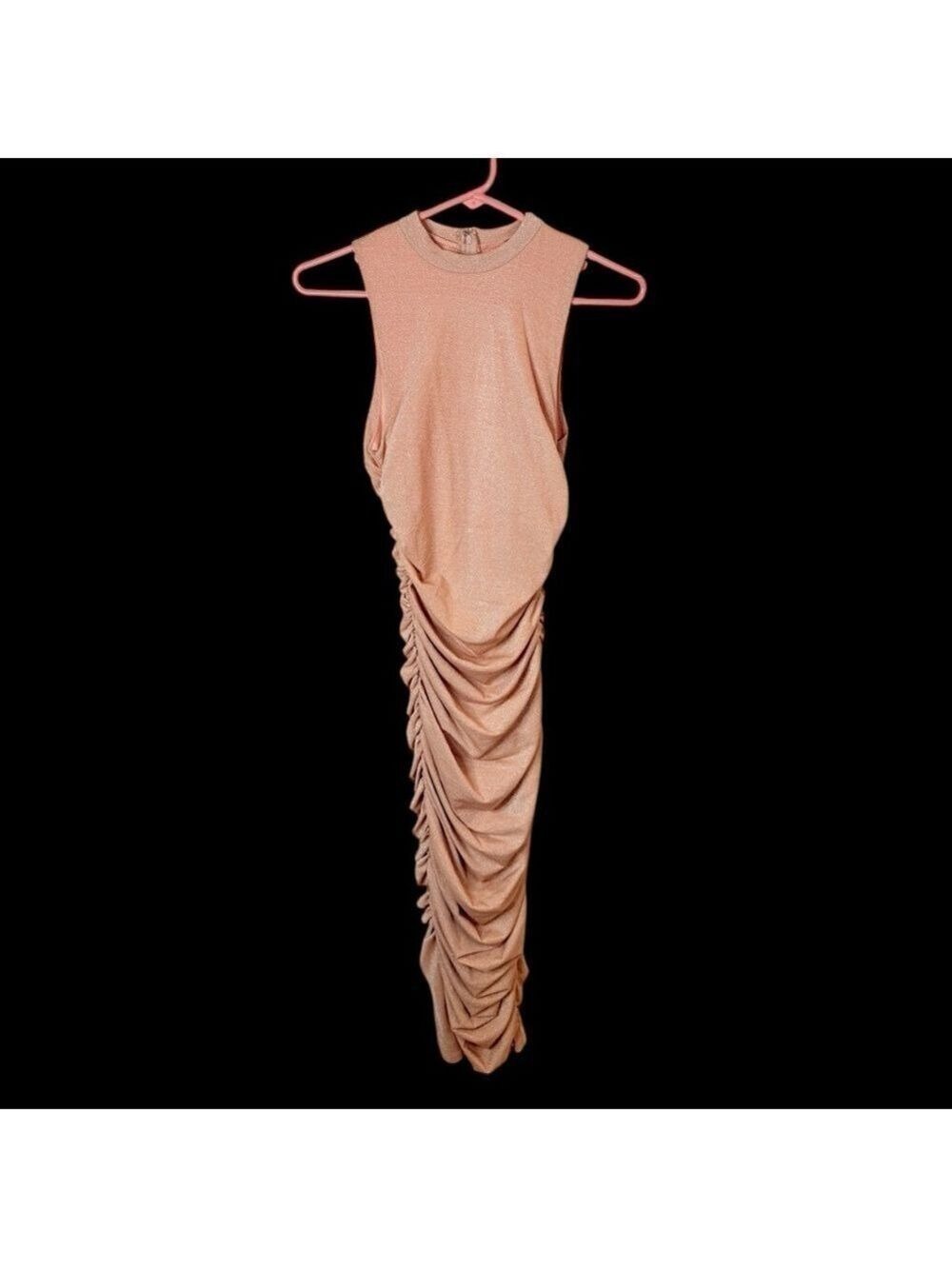 Privy Mock Neck Ruched Midi Bodycon Dress Metallic Shimmer Small